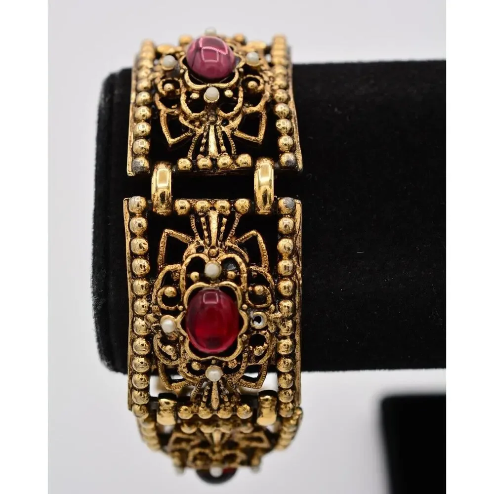 Vintage Cabochon Bracelet Multi-Color Antiqued Aged Gold Heavy Chunky 1960s Bin5